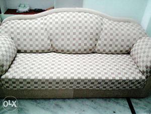 Brown And White Checked Fabric Sofa