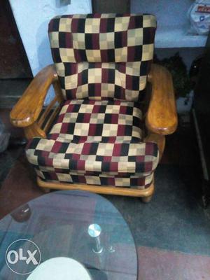Brown Wooden Frame Red Black And White Cushion Armchair