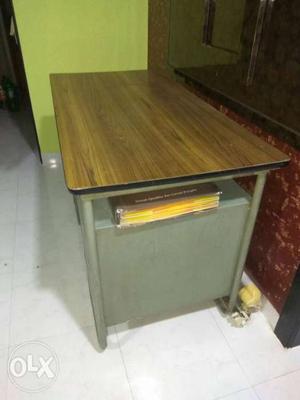 Gray Steel Base Brown Wooden Top Rectangular Table