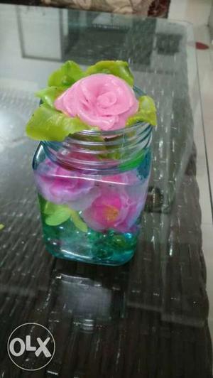 Pink And Green Flower In Mason Jar