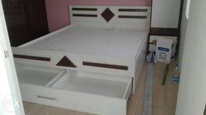 White Wooden Bed Frame With Drawer