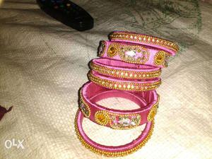 6 Gold And Pink Silk Thread Bangles