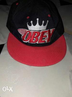 Black And Red Obey Embroidered Fitted Cap