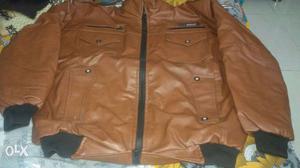 Brown And Black Leather Zip Up Jacket
