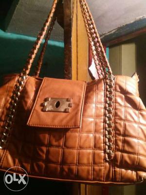 Brown Leather Tote Bag With Chain Handle