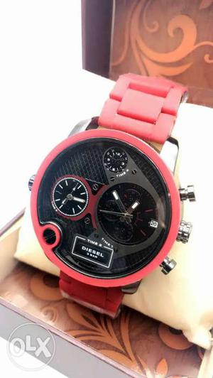 Diesel Red Link Band Round Face Chronograph Watch