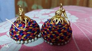 Gold With Blue And Red Jhunka Earrings