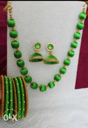 Green And Gold Silk Thread Bangles Necklace And Jhumka