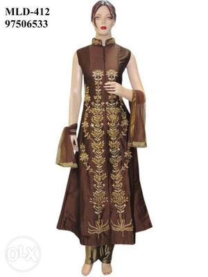 Indian Bollywood Ethnic Silk Brown Long Choli With Silk Gold