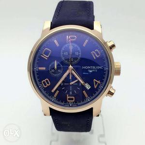 Montblanc Navy Blue Leather Strap Gold Round Chronograph