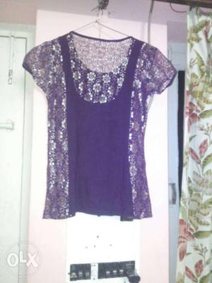 Purple And White Floral Crew Neck Cap Sleeve Shirt