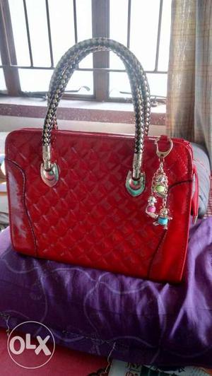 Red Leather Quilted Tote Bag
