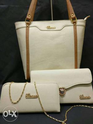 White And Brown Leather Shoulder Bag Clutch And Long Wallet
