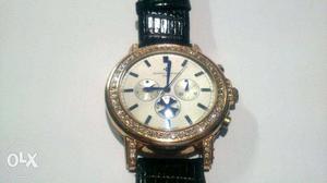 White And Gold Leather Strap Round Chronograph Watch