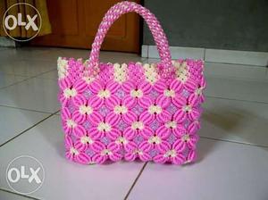 White And Pink Crochet Tote Bag
