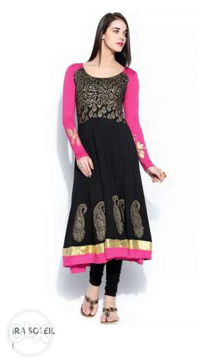 Women's Black Gold And Pink Long Sleeve Dress