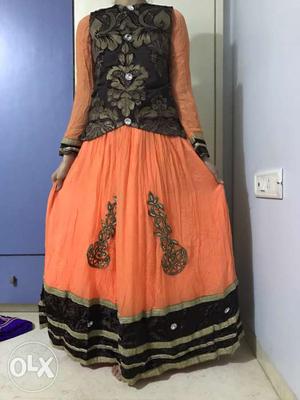 Women's Black Orange Long Sleeve Maxi Dress