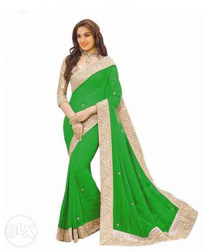 Women's Green And Beige Sari