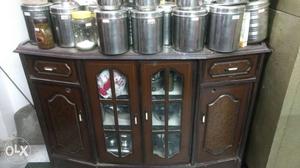 Brown Wooden Cabinet And Stainless Steel Container Lot