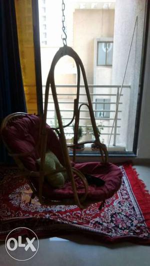 Brown Wooden Frame Red Suede Hanging Chair