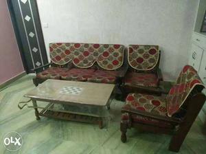 Brown Wooden Red And Brown Padded Armchair And Sofa Set