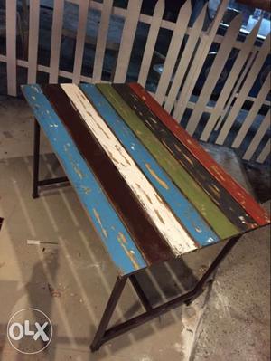 Red Black Green And White Stripe Wooden Table