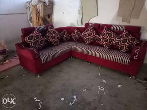 Red Gray And Black Printed Sectional Couch And Throw Pillows