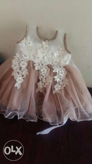 Girl's Brown Piping White Satin Tank Tulle Skirt Dress With