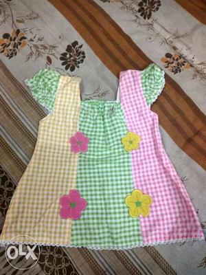 Pink Green And Yellow Plaid Cap Sleeve Dress