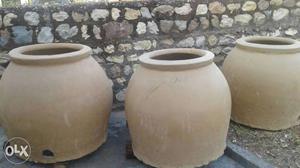 3 Beige Clay Pots