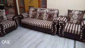 3pcs Brown And White Leather Striped Sofa Set