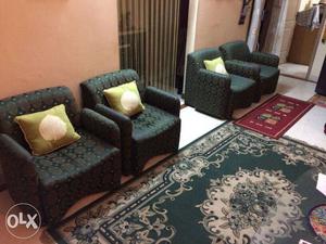 4 Black And Green Sofa Armchairs & Teak legged Diwan