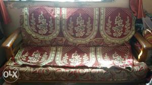 Brown Wooden Framed Red And White Floral 3 Seat Sofa