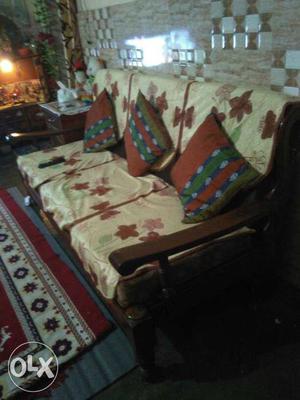 Brown Wooden Framed Yellow And Red Floral Padded 3 Seat