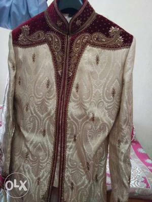 Red And Beige Floral Sherwani with cover
