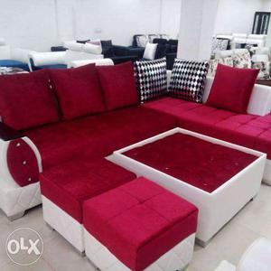 Red And White Velvet Fabric Corner Sofa Set