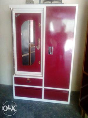 Red And White Wardrobe With Mirro