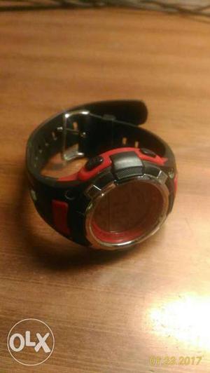Black And Red Silicon Round Digital Watch