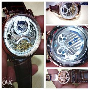 Brown Leather Strap Silver-and-gold Mechanical Watch
