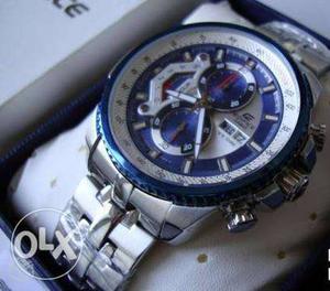 Casio Edifice EF 558 blue ring white dial watch with box.