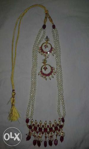 Green And Red with real pearl Necklace And Earrings Set