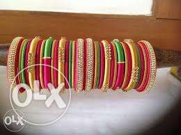 Pink Gold And Green Silk Thread Bangles
