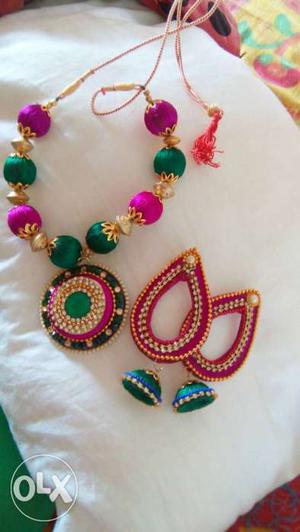 Pink, Gold And Green Thread Pair Of Jhumkas And Necklace