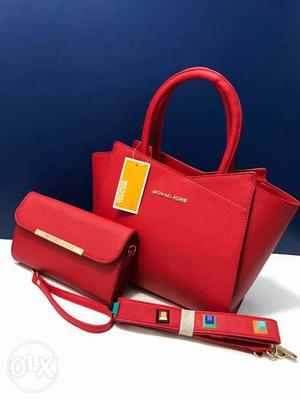Red Michael Kors Leather Handbag With Purse