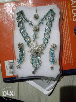 Silver And Blue Bead Necklace And Earrings Set