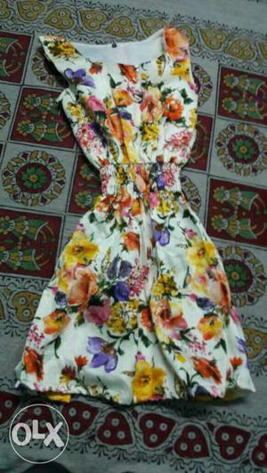 Woman's White Yellow And Green Floral Dres