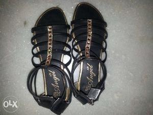 Women's Black And Gold Leather Open Toe Sandals