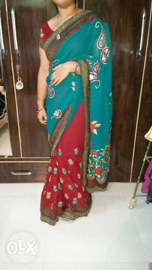 Women's Blue And Red Sari