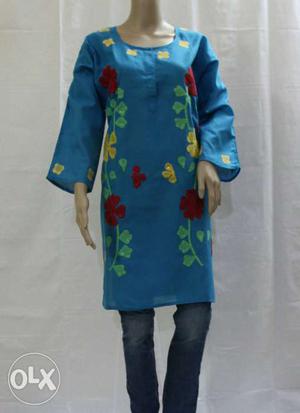 Women's Blue Red Yellow And Green Long Sleeve Dress