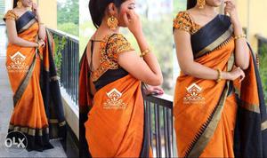 Women's Orange And Black Sari